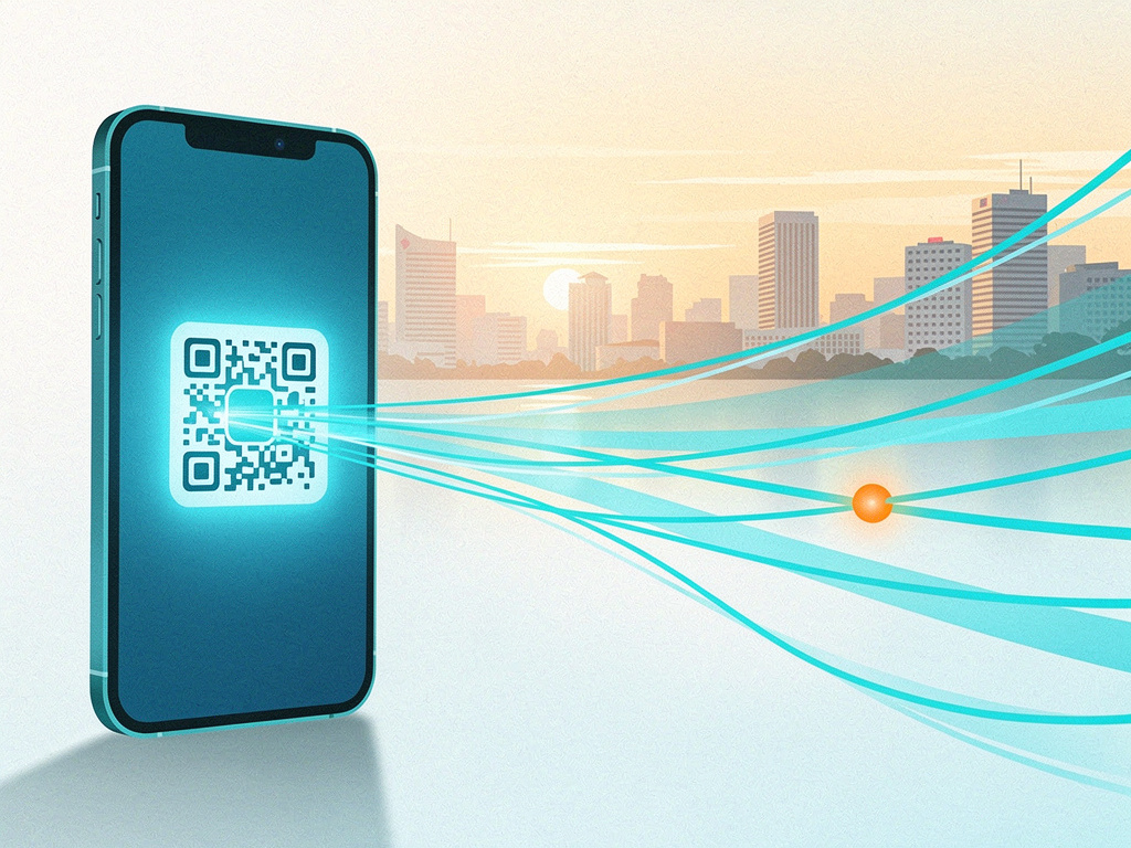 A smartphone scanning a QRPH merchant code with glowing cyan Stellar-network light trails flowing toward a warm Manila skyline at dawn.