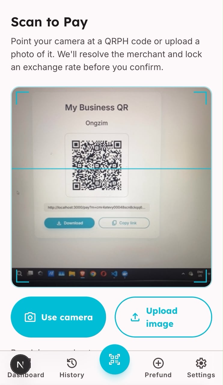 HeyPay scan screen pointed at a merchant's QRPH code, with Use camera and Upload image buttons.