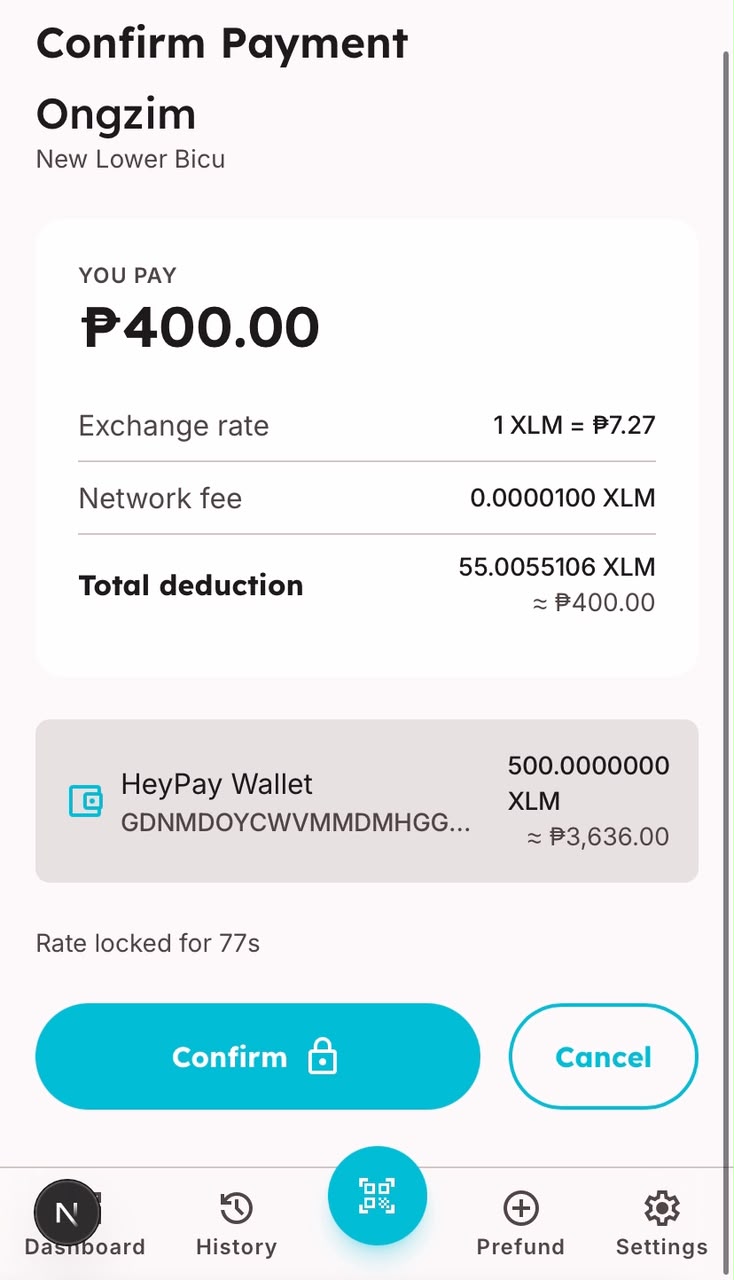HeyPay confirm-payment screen showing the peso amount, exchange rate, network fee, and a rate locked with a countdown.