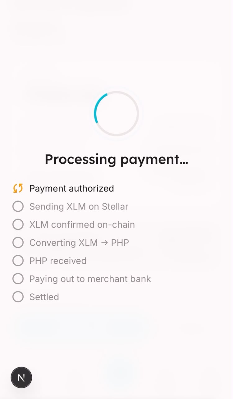 HeyPay processing screen tracking each step from XLM on Stellar through conversion to the merchant bank payout.