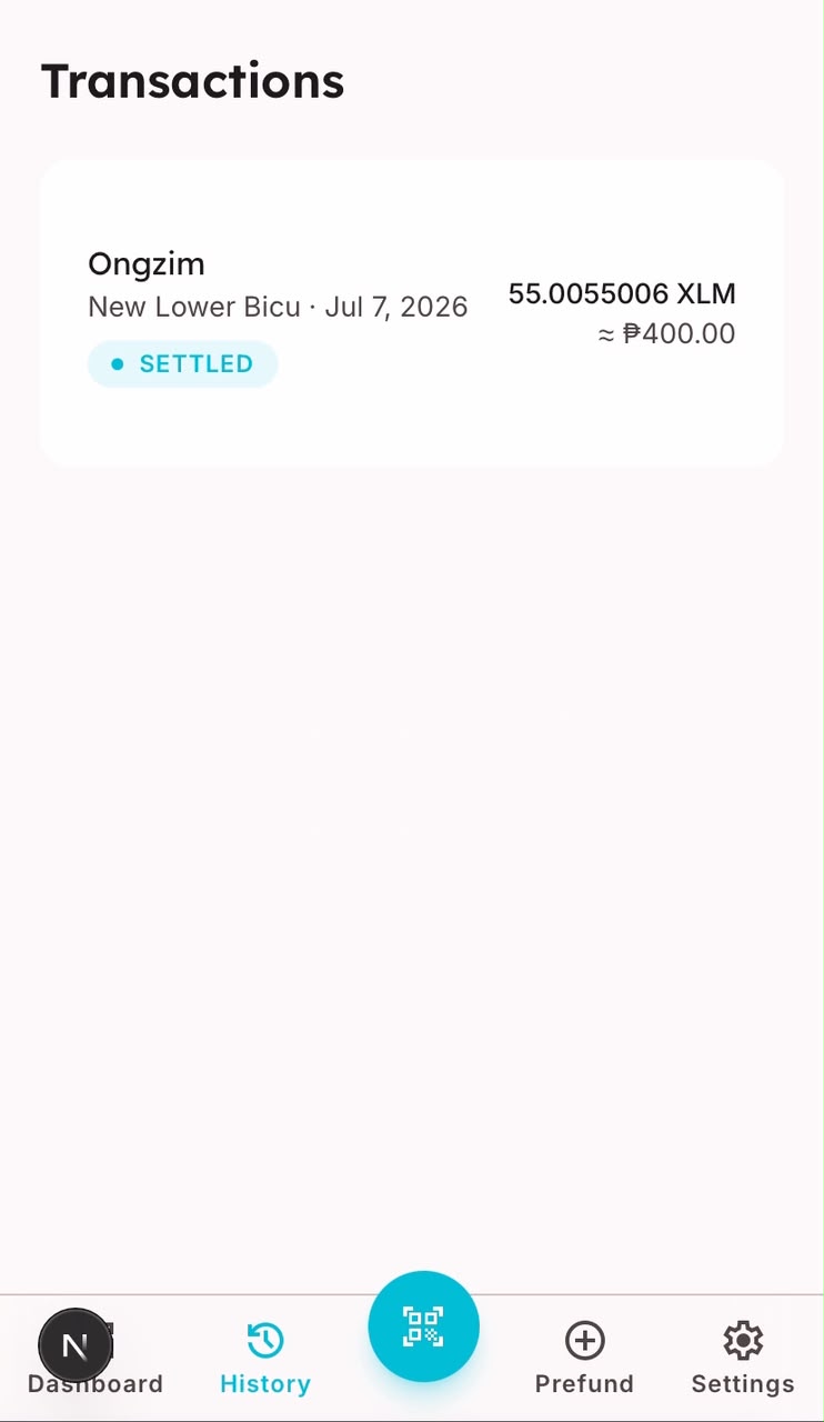 HeyPay transactions screen showing a completed payment marked Settled, with the XLM spent and its peso value.